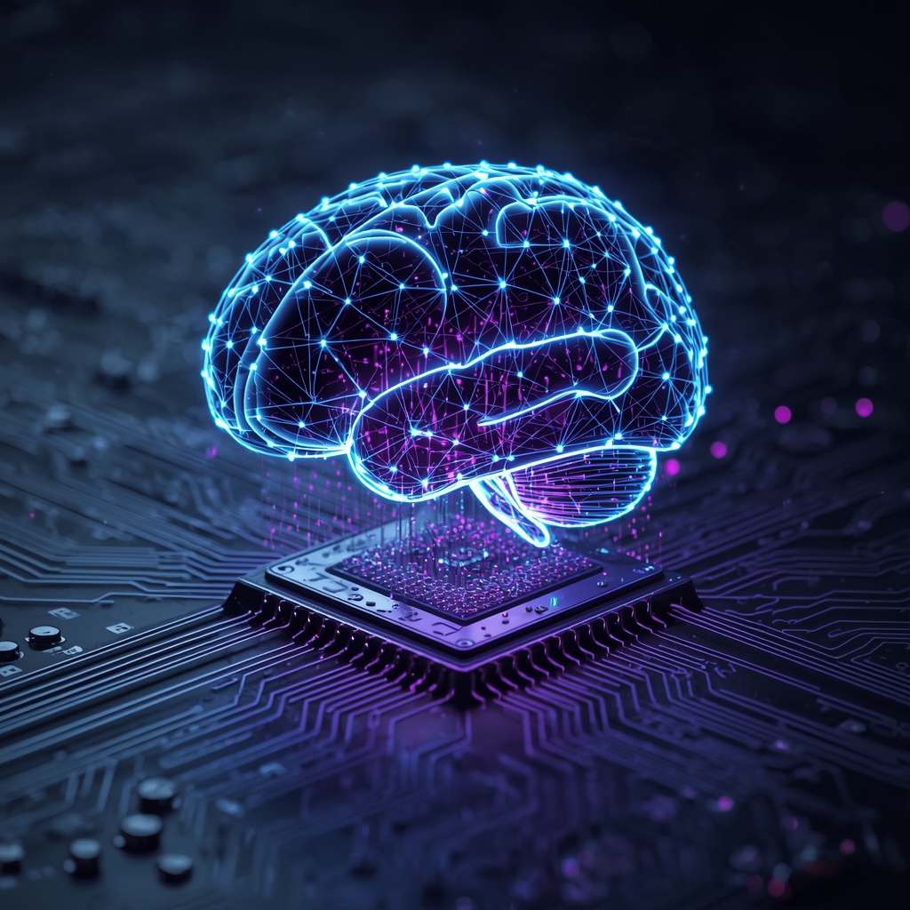 A futuristic digital brain made of glowing blue and purple neural connections floating above a dark circuit board, with streams of data flowing around it, cinematic lighting, 8k render